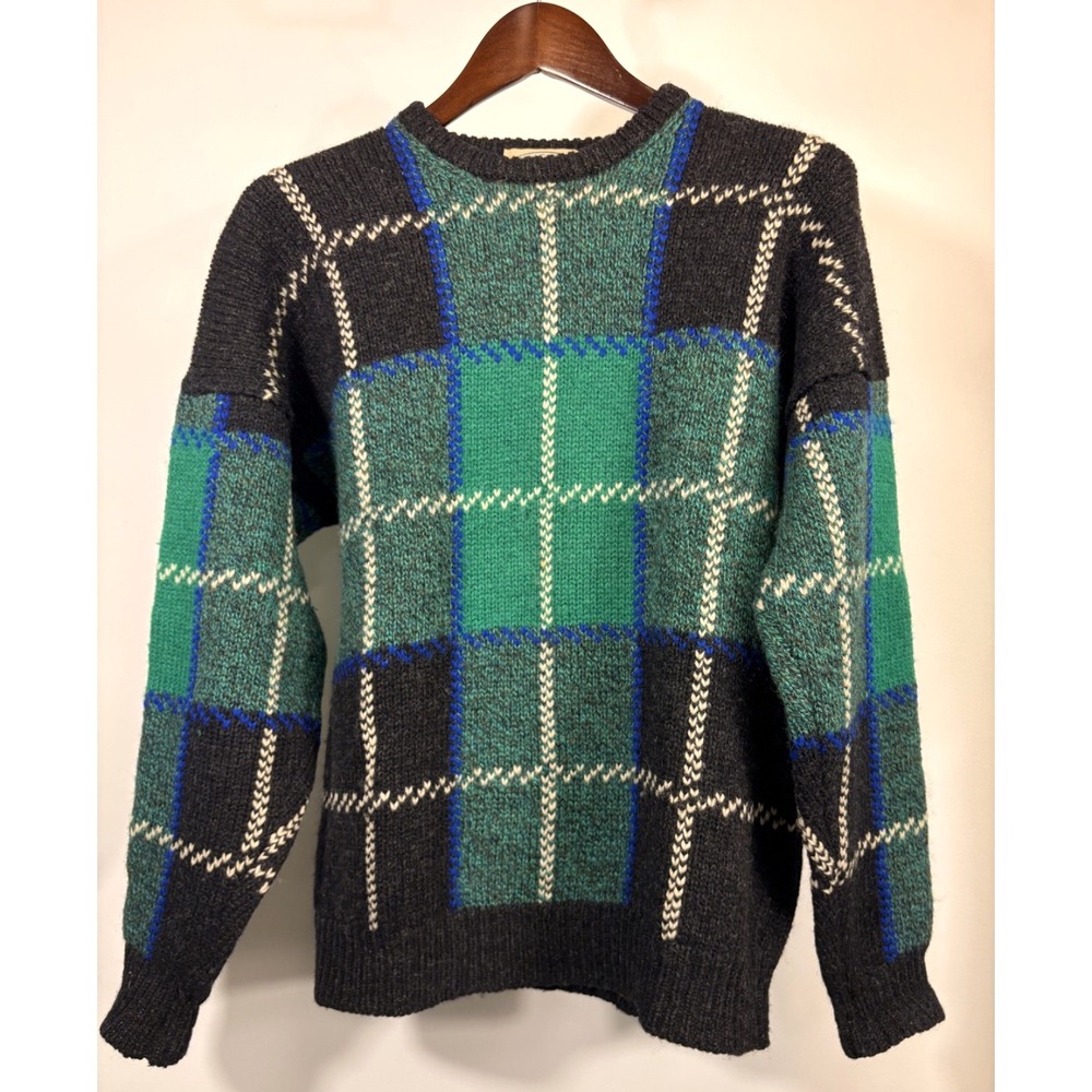 Vtg Britches Mens Shetland Wool Kelly Green Black Plaid Sweater Academia Prep  L